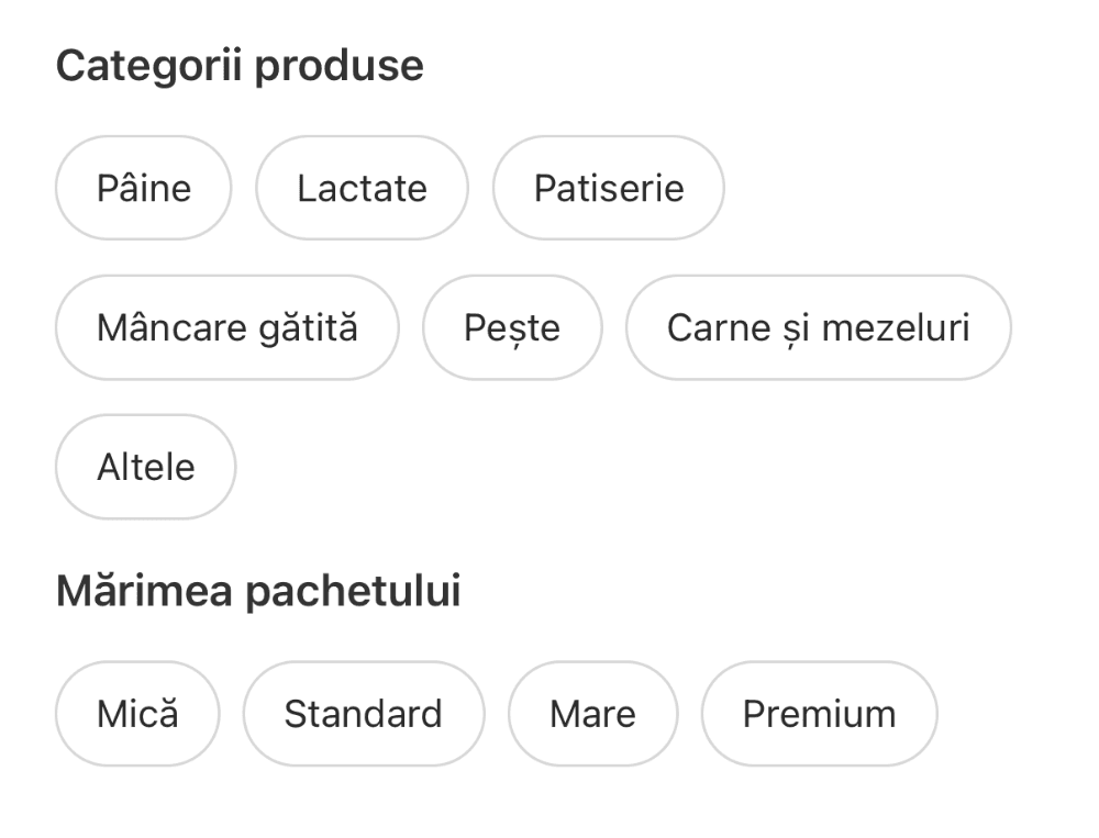Filtrele din aplicație: categoriile de produse (pâine, lactate, patiserie, mâncare gătită, pește, carne și mezeluri, altele) și mărimile pachetului (mică, standard, mare, premium)